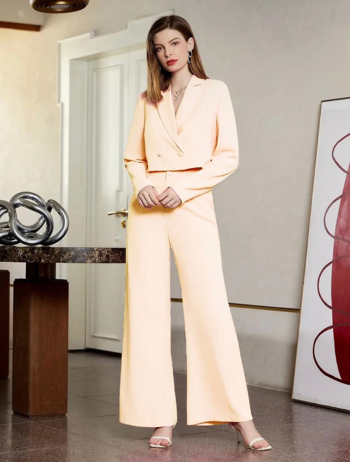 Soft Blush Power Suit with Wide-Leg Trousers