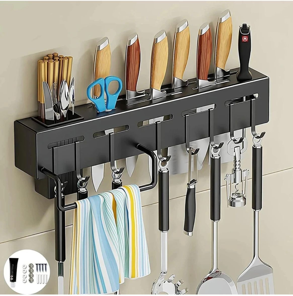 Premium Wall-Mounted Kitchen Knife & Utensil Organizer Rack with Multi Hooks