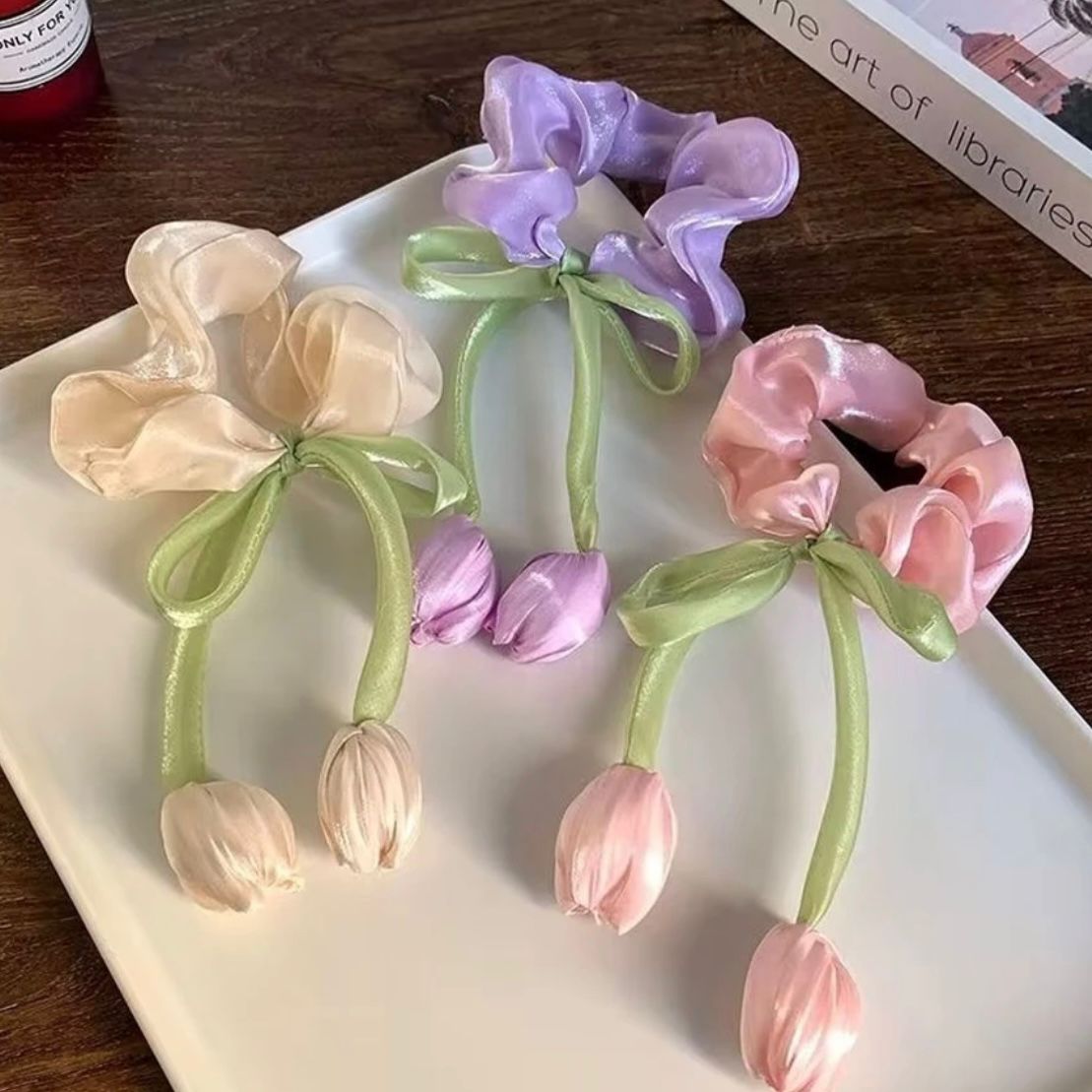 Pastel Tulip Ribbon Hair Scrunchie Set – Floral Hanging Ponytail Accessories for Girls & Women