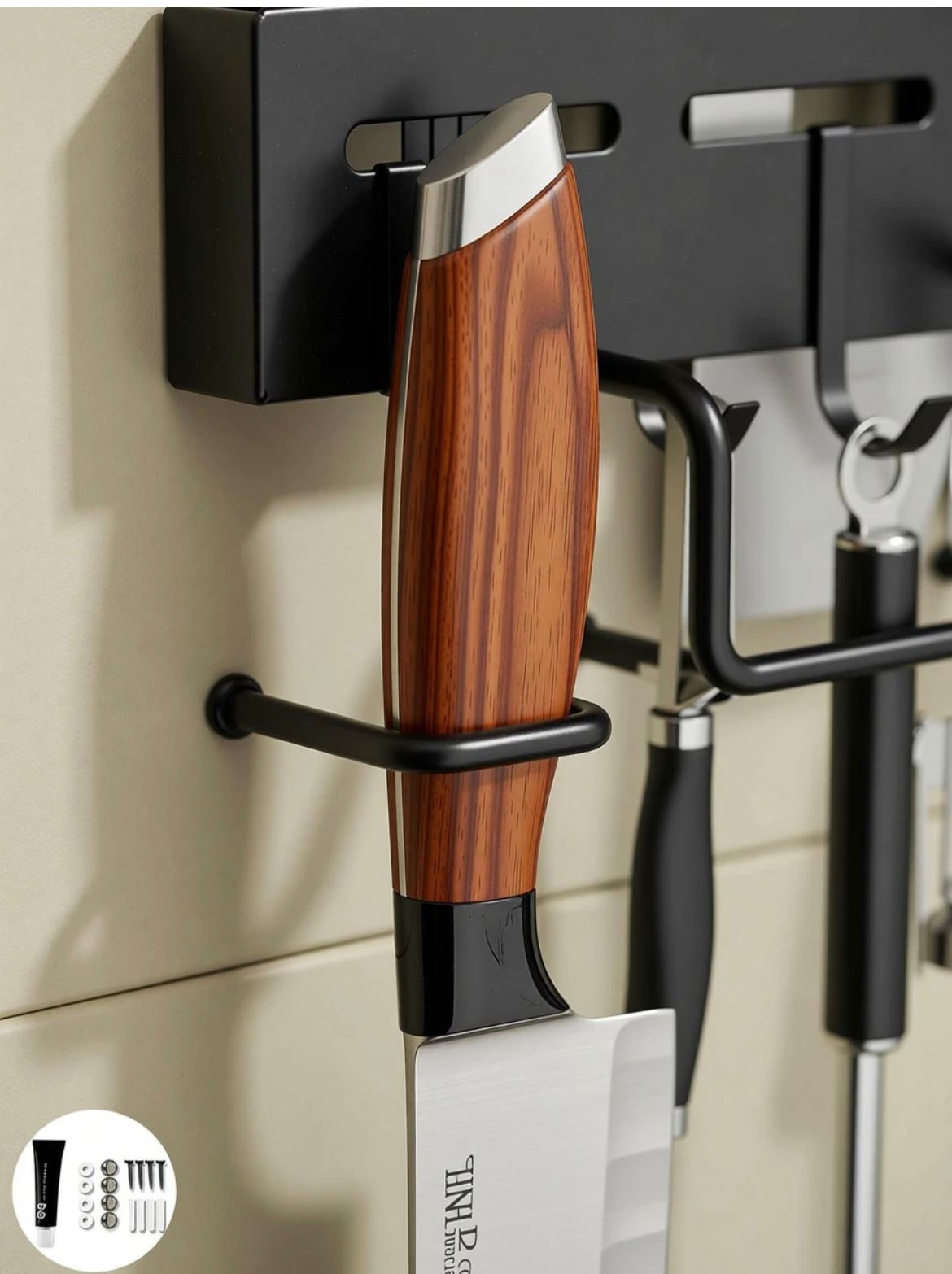Premium Wall-Mounted Kitchen Knife & Utensil Organizer Rack with Multi Hooks