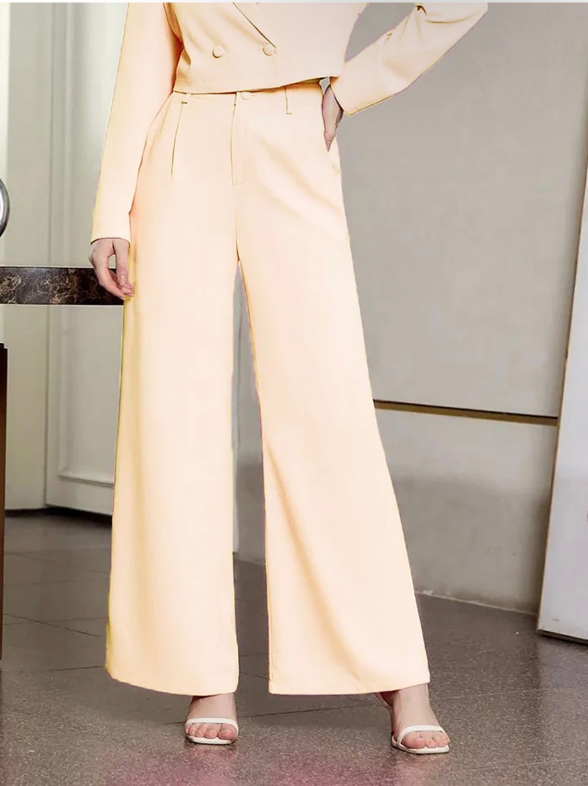 Soft Blush Power Suit with Wide-Leg Trousers