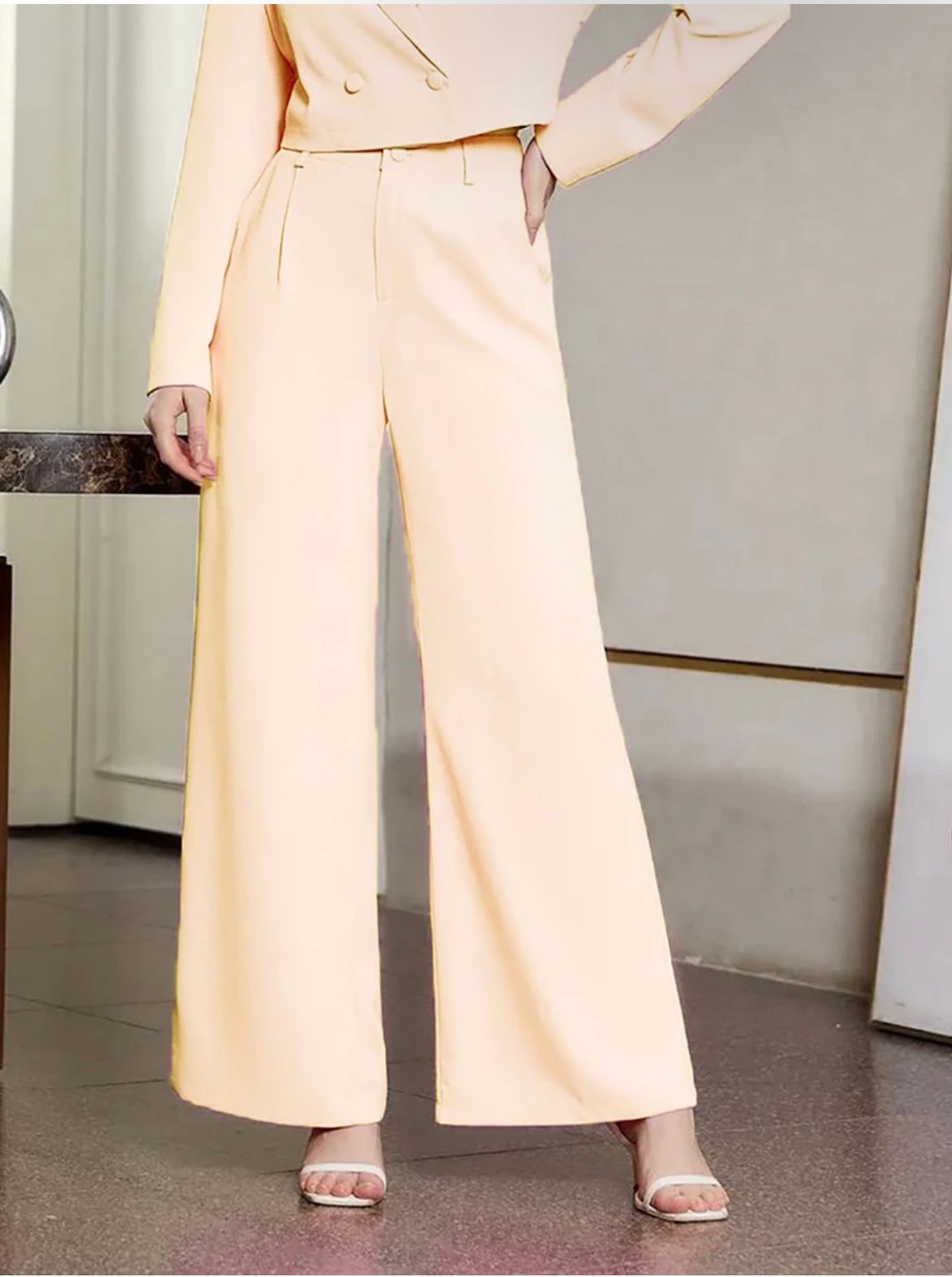 Soft Blush Power Suit with Wide-Leg Trousers