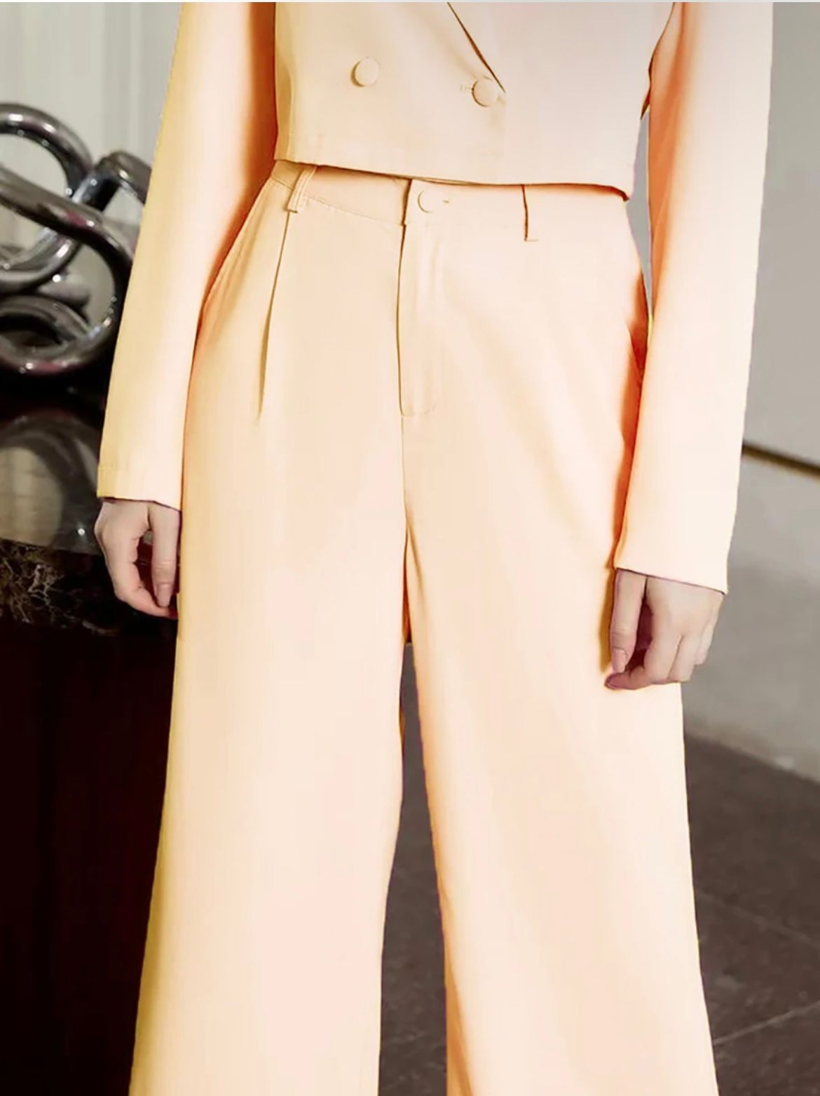 Soft Blush Power Suit with Wide-Leg Trousers
