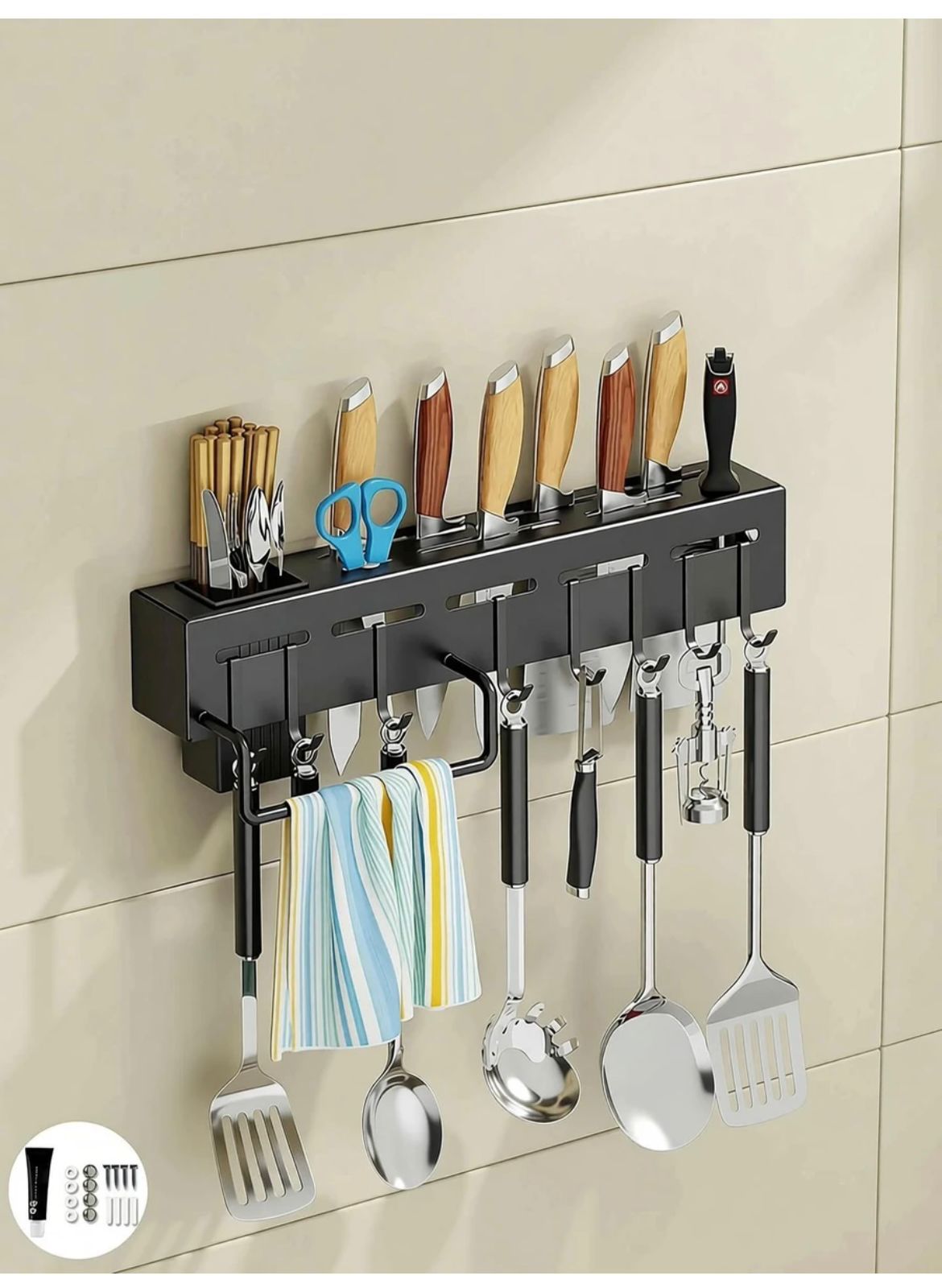 Premium Wall-Mounted Kitchen Knife & Utensil Organizer Rack with Multi Hooks