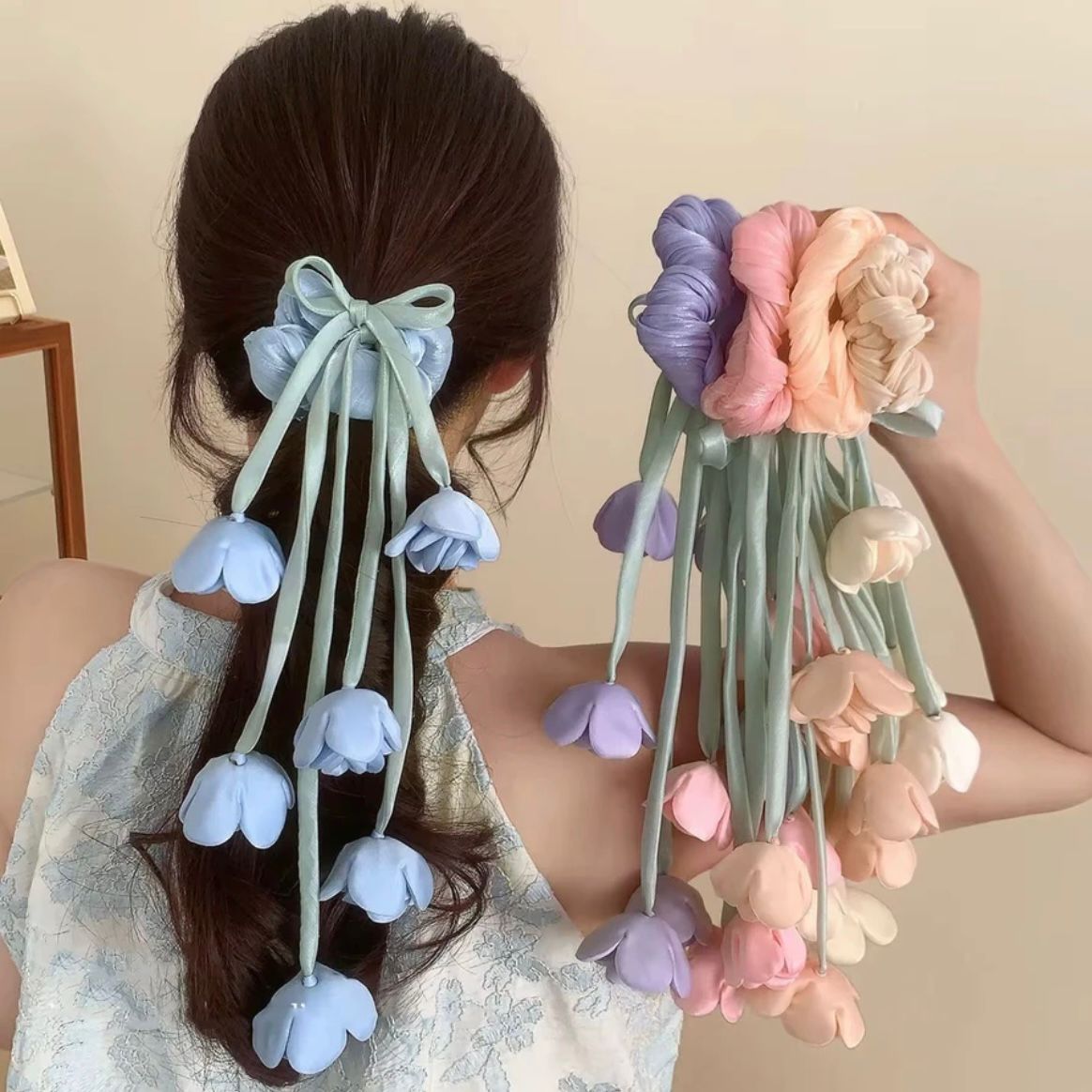 Pastel Tulip Ribbon Hair Scrunchie Set – Floral Hanging Ponytail Accessories for Girls & Women