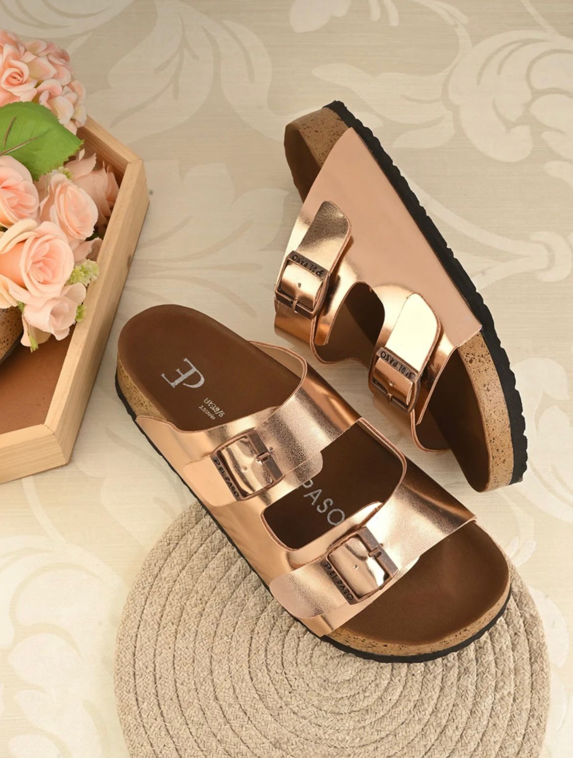 Women’s Rose Gold Double Buckle Comfort Slides – Stylish Casual Flat Sandals