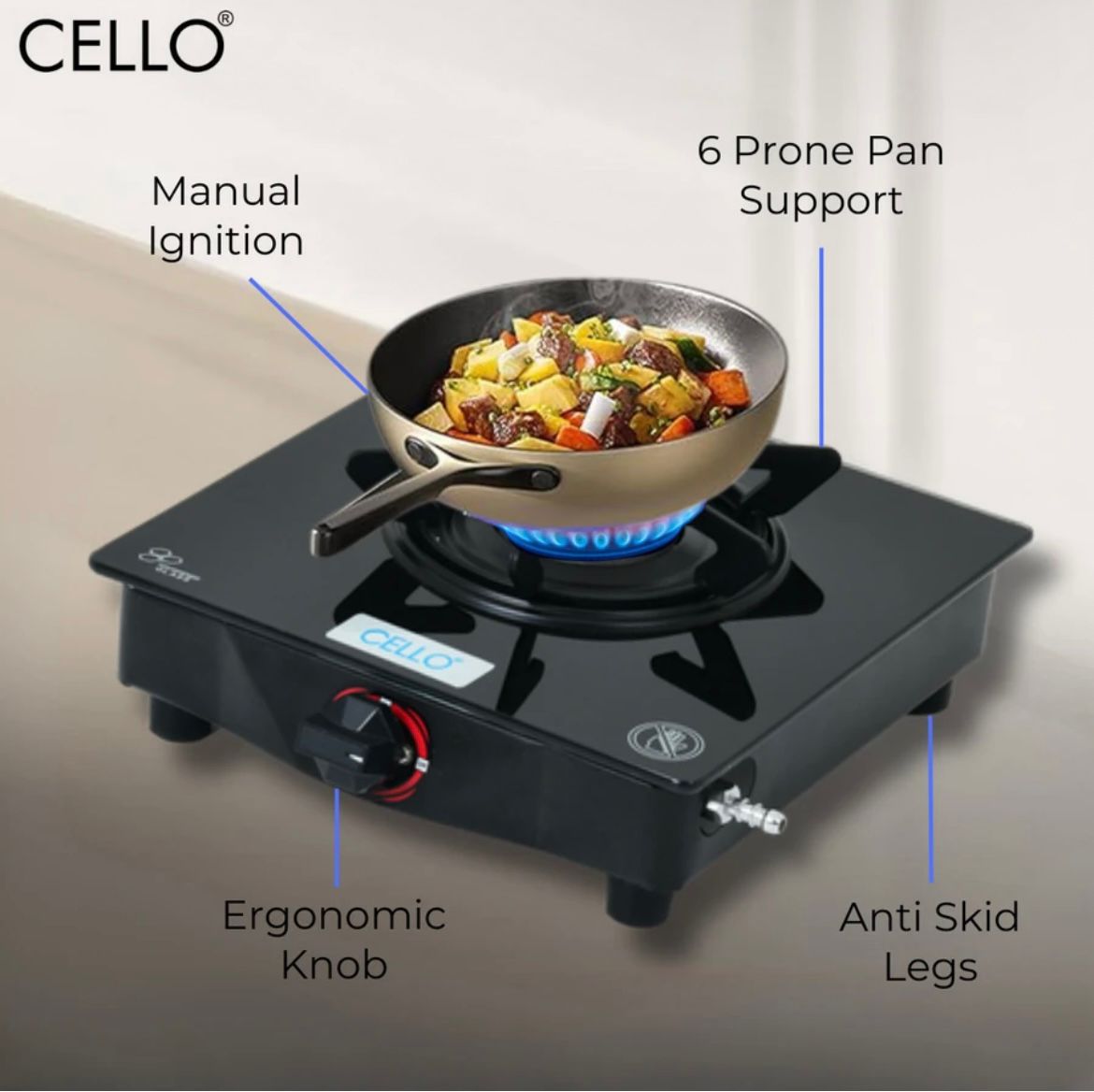 Cello Premium Single Burner Glass Top Gas Stove – Sleek & Modern Kitchen Essential