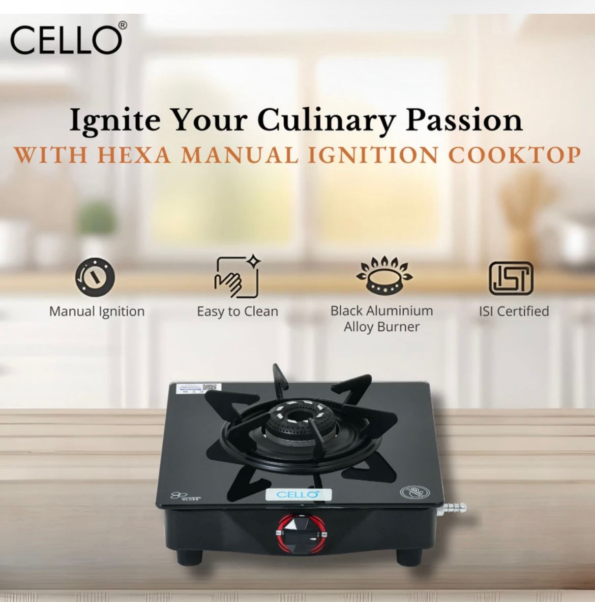 Cello Premium Single Burner Glass Top Gas Stove – Sleek & Modern Kitchen Essential