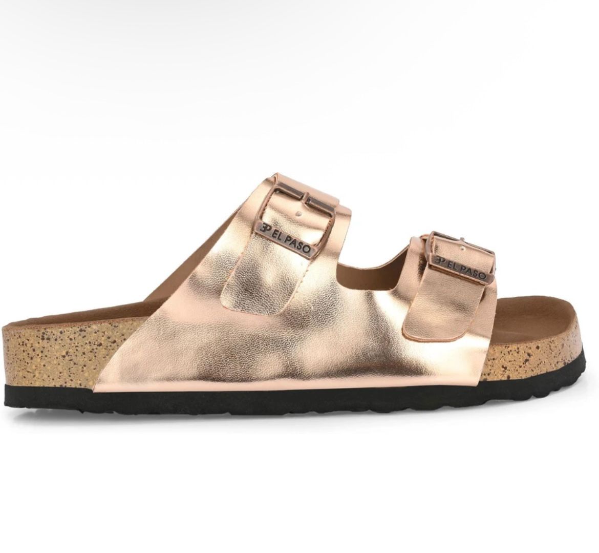 Women’s Rose Gold Double Buckle Comfort Slides – Stylish Casual Flat Sandals