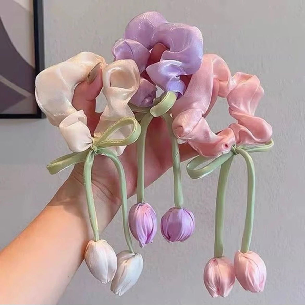 Pastel Tulip Ribbon Hair Scrunchie Set – Floral Hanging Ponytail Accessories for Girls & Women