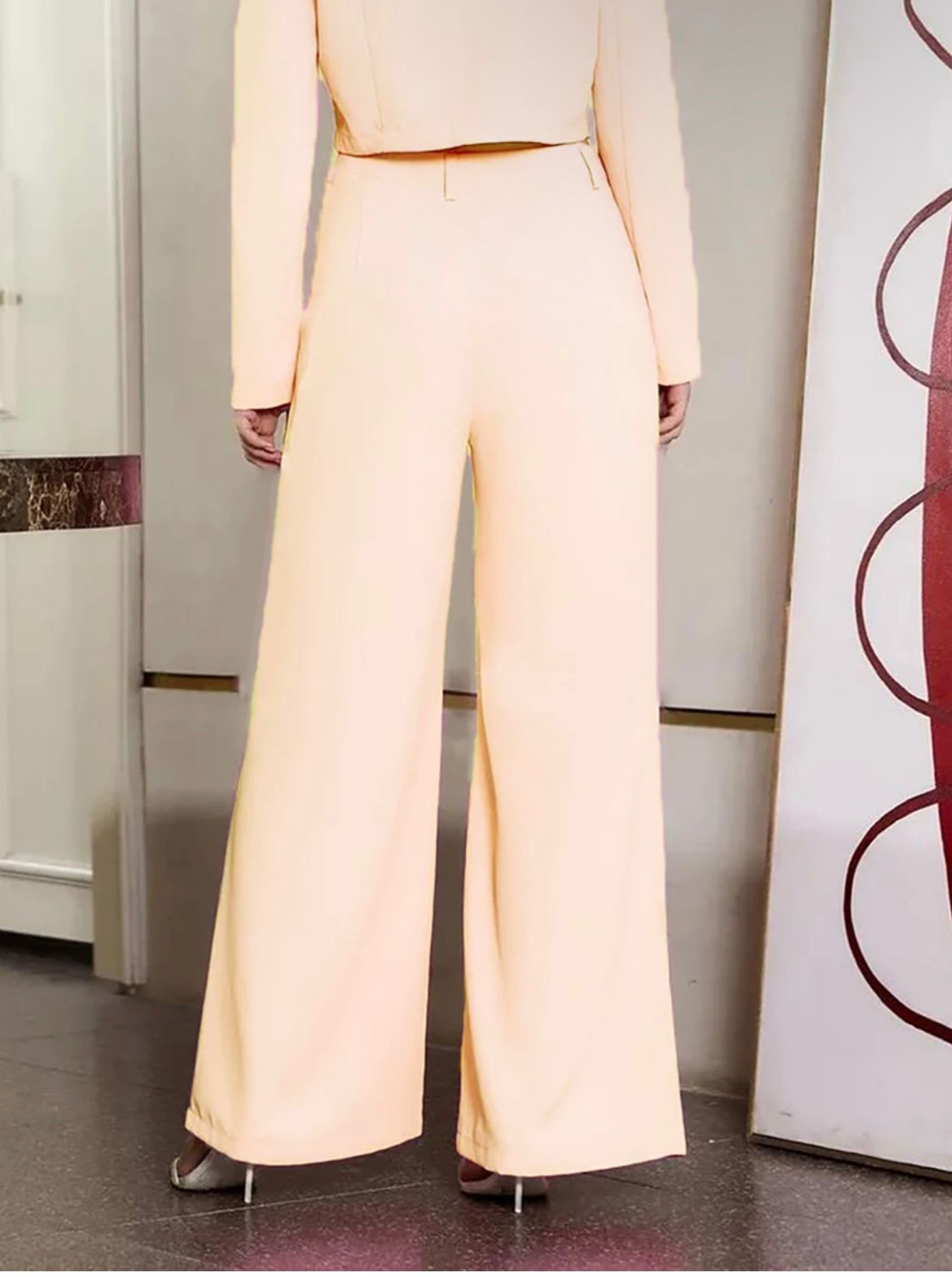 Soft Blush Power Suit with Wide-Leg Trousers