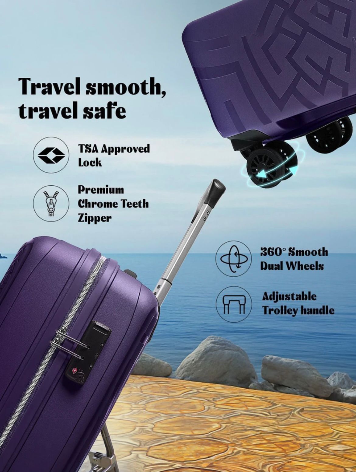 Purple Premium Hard Shell Travel Trolley Suitcase – 360° Spinner Wheels