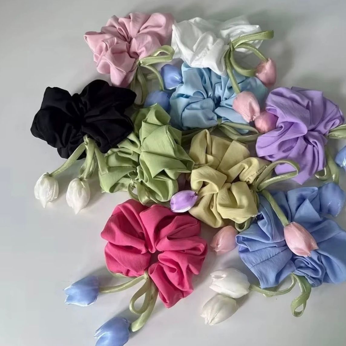 Pastel Tulip Ribbon Hair Scrunchie Set – Floral Hanging Ponytail Accessories for Girls & Women